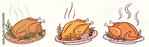 Roasted turkey set, a Thanksgiving dinner meat, and roasted chicken with vegetables are food illustrations, isolated on white plates, showing a brown roast meal