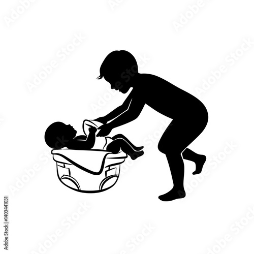 Sibling changing diaper of baby joyfully in playful setting  