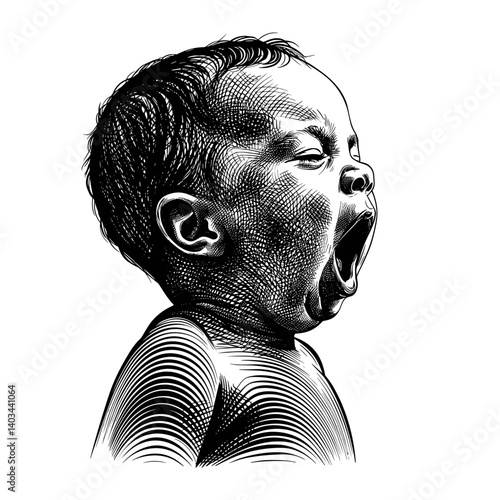 Baby yawning in black and white sketch style  