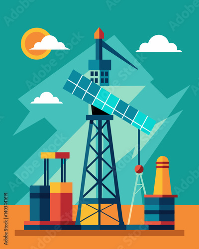 From a distance the oil rig appears to have a futuristic appearance with its hightech solar panels and traditional oil drilling equipment working in harmony.. Vector illustration