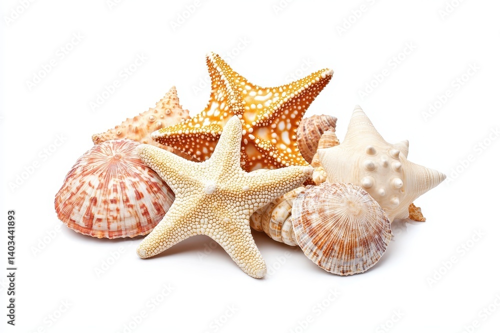Seashells and starfish on white background Seashells and starfish on white background