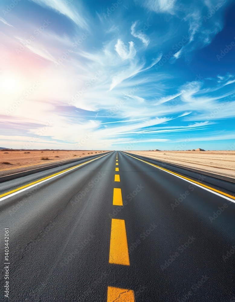 Endless asphalt ribbon stretches towards a vibrant blue sky, view, nature, outdoors Endless asphalt ribbon stretches towards a vibrant blue sky, view, nature, outdoors