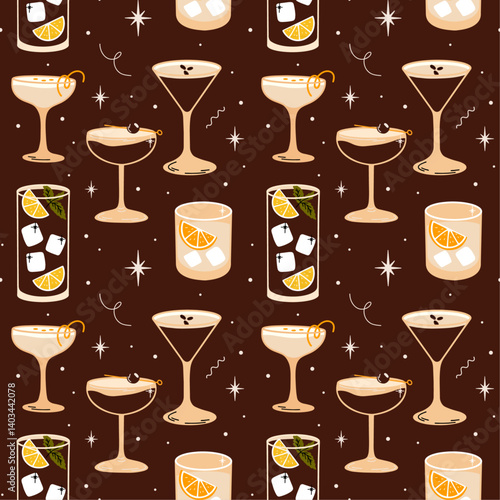Classical alcohol cocktails seamless vector pattern with cartoon retro groovy funky illustration of various summer fancy drinks in different shapes glasses. Espresso Martini, Manhattan, Pisco Sour