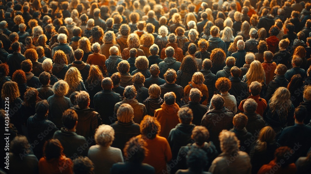 Obraz premium A Massive Gathering of People Seen from Above, Illuminated by Warm Golden Sunlight