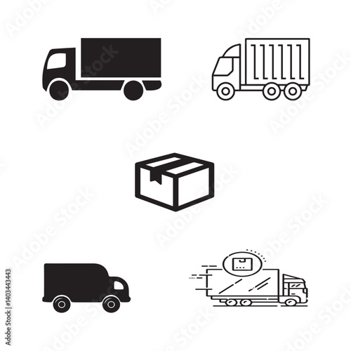 Set of 5 outline delivery and with floral transport, shipment silhouette editable vector isolated 