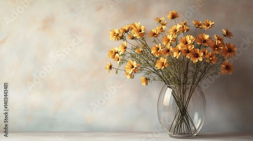 Wallpaper Mural Modern Coreopsis floral still life featuring golden flowers arranged in a clear vase set against a neutral background Torontodigital.ca