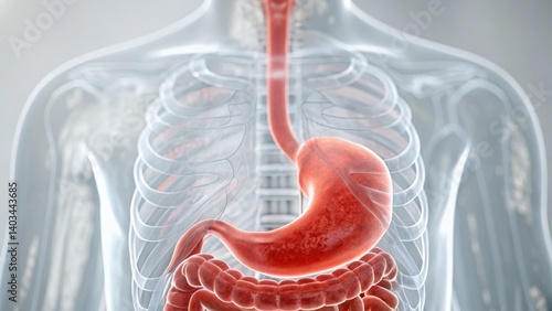 Acid Reflux Stomach Wellness. Gastroesophageal Reflux Disease GERD An anatomical illustration of the human digestive system highlighting the stomach.