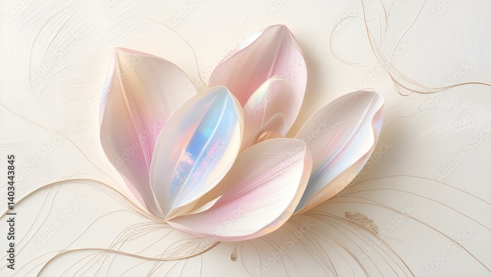 A delicate, dreamy illustration of opal petals, with soft, iridescent hues of pink, blue, and yellow, resembling the shimmering colors of the precious gemstone. The petals are intricately rendered, wi A delicate, dreamy illustration of opal petals, with soft, iridescent hues of pink, blue, and yellow, resembling the shimmering colors of the precious gemstone. The petals are intricately rendered, wi