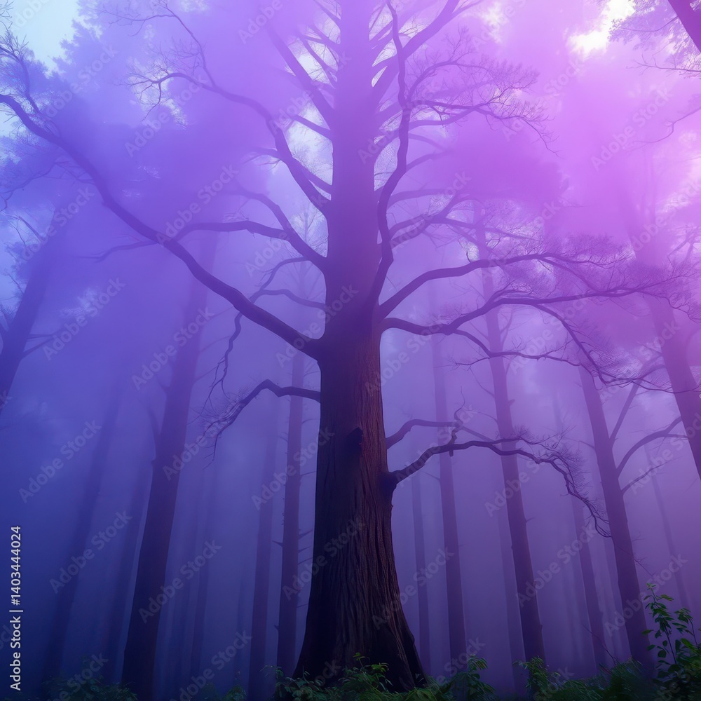 Obraz premium Tall tree shrouded in swirling purple mist, ethereal forest, whimsical, surreal