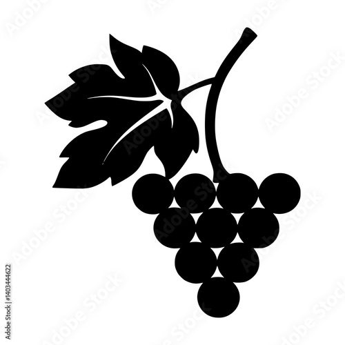 Minimalist black grape icon on white background, modern fruit silhouette design for food logos, nutrition apps, wine labels, healthy lifestyle branding, vector fruit illustration
