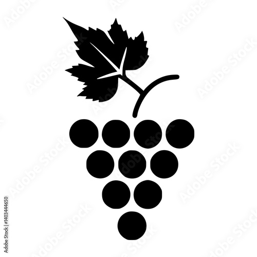 Minimalist black grape icon on white background, modern fruit silhouette design for food logos, nutrition apps, wine labels, healthy lifestyle branding, vector fruit illustration