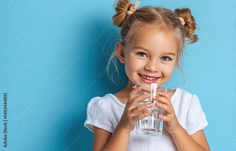 Cute little girl holding a glass of water, isolated on a blue background, smiling and looking at the camera