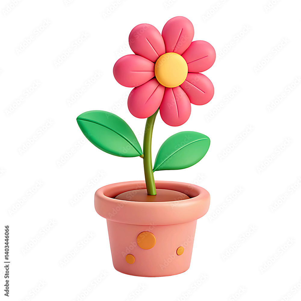 3D Cartoon Pink Flower in Pot Icon Plastic Style Isolated on Transparent Background 3D Cartoon Pink Flower in Pot Icon Plastic Style Isolated on Transparent Background