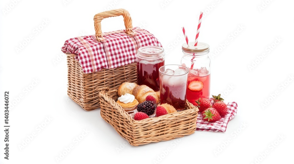 Summer picnic basket with pastries, berries, and refreshing drinks. White background. Summer picnic basket with pastries, berries, and refreshing drinks. White background.