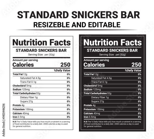 Snickers nutrition label, Nutrition facts vector, Editable nutrition label, Candy bar nutrition facts, Standard Snickers bar info, Black and white nutrition label, Vector nutrition facts template
