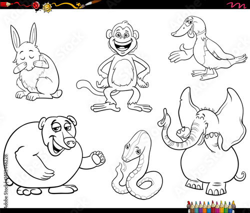 cartoon funny wild animals characters set coloring page