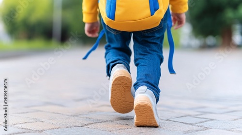 Rear view of toddler wearing blue jeans, yellow backpack and grey shoes walking away on a paved path.