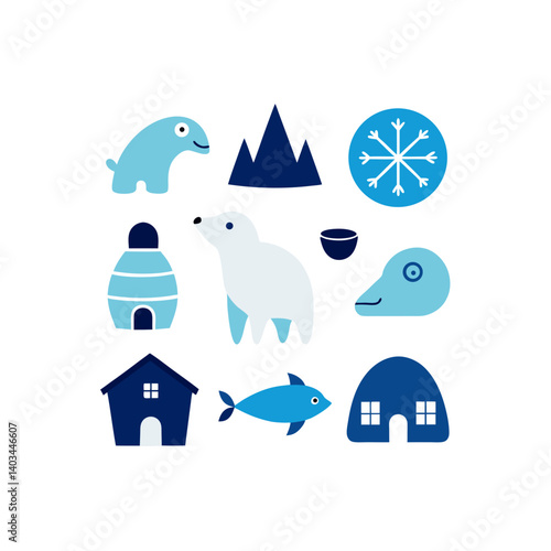 arctic set of vector doodle icon on transparent background