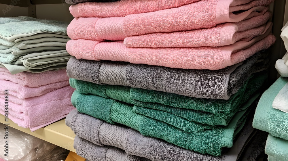 Stack of Soft Bath Towels in Pink, Gray, and Green Stack of Soft Bath Towels in Pink, Gray, and Green