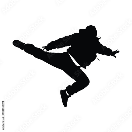 Dynamic Silhouette of a Breakdancer in Mid-Air Powerful Pose, Black and White Illustration