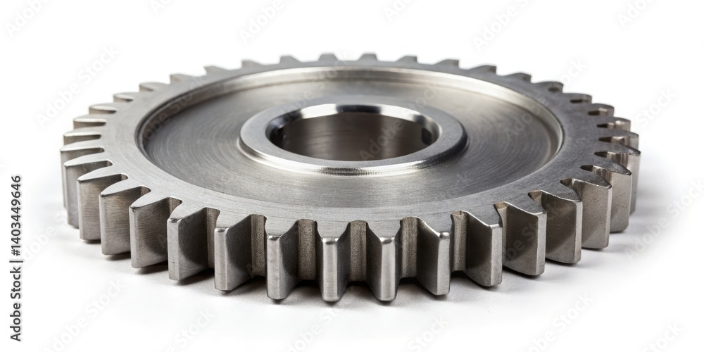 Single Steel Cogwheel, Isolated Mechanical Gear, Industrial Part, Close-up Photography, White Background, Engineering Component, Machine Part Single Steel Cogwheel, Isolated Mechanical Gear, Industrial Part, Close-up Photography, White Background, Engineering Component, Machine Part