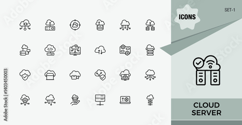 Cloud Server icon set. Contain linear symbols hosting, tech, server, data, network and more. Hosting icon set. Pixel perfect. Vector collections. Set-1