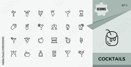 Cocktails icon set. Included drink, alcohol, whiskey, champagne, beer and more. Whiskey modern icon collection. Editable stroke. Set-2