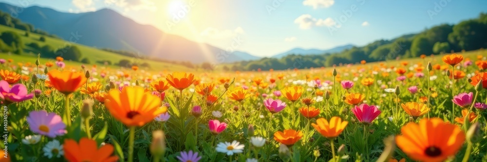 Sun-drenched field, profusion of colorful flowers, desktop, floral Sun-drenched field, profusion of colorful flowers, desktop, floral