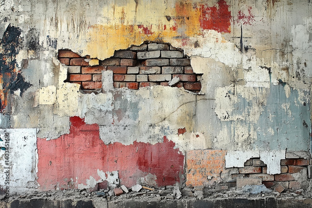 Obraz premium Broken brick wall section with exposed inner layers, bricks jutting unevenly, debris at base revealing erosion and varying mortar shades.