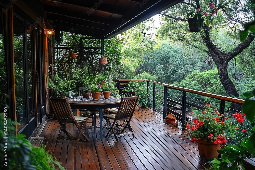 Wooden deck overlooking green garden, rustic railing and potted plants border the view, small table set in warm afternoon light creates cozy retreat. Wooden deck overlooking green garden, rustic railing and potted plants border the view, small table set in warm afternoon light creates cozy retreat.