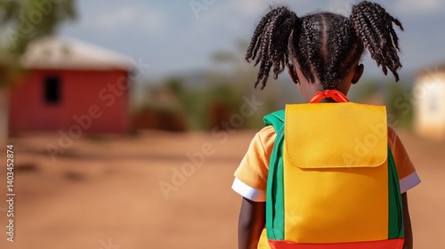 Wallpaper Mural Young girl with braided hair wearing a yellow backpack walks away from a rural home, outdoors. Torontodigital.ca