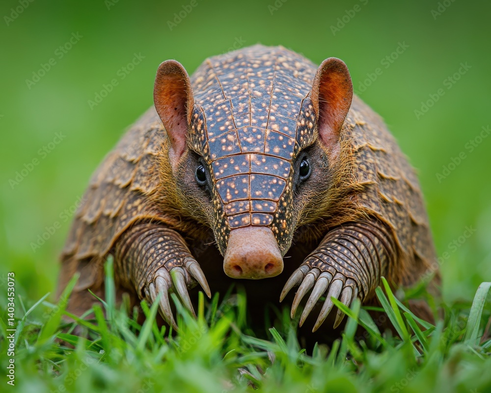 Obraz premium Curious Adult Armadillo with Exposed Claws in Lush Florida Grass, Captivating Charm of America's Native Wildlife
