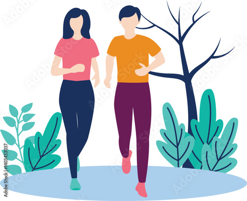 Couple Jogging in Park Illustration.