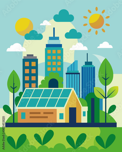 An oasis of green on a citys skyline featuring rooftop farms with solar panels that power the farms irrigation systems and electricity needs.. Vector illustration
