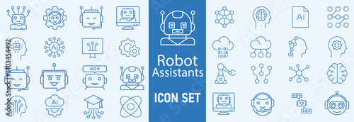 Set of Artificial Intelligence icon. Service, Digital, Robot, Data, Information, Learning, Future, Artificial Intelligence, Support, Help, Chat Bot, Conversation, Smart, Concept, Innovation vector.