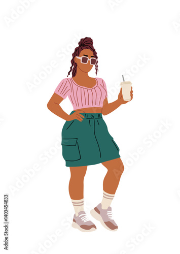 Stylish young woman in modern street fashion summer clothes standing with coffee to go cup. Colorful flat vector illustration isolated on transparent background
