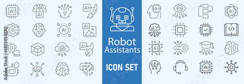 Set of Artificial Intelligence icon. Service, Digital, Robot, Data, Information, Learning, Future, Artificial Intelligence, Support, Help, Chat Bot, Conversation, Smart, Concept, Innovation vector.