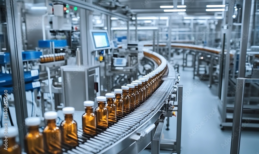 Modern pharmaceutical production line conveying amber glass bottles in a sterile factory setting , Modern pharmaceutical production line conveying amber glass bottles in a sterile factory setting ,
