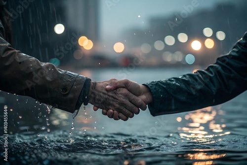 Cinematic Handshake in Rain – Emotional Unity Scene with Water and City Light Reflections