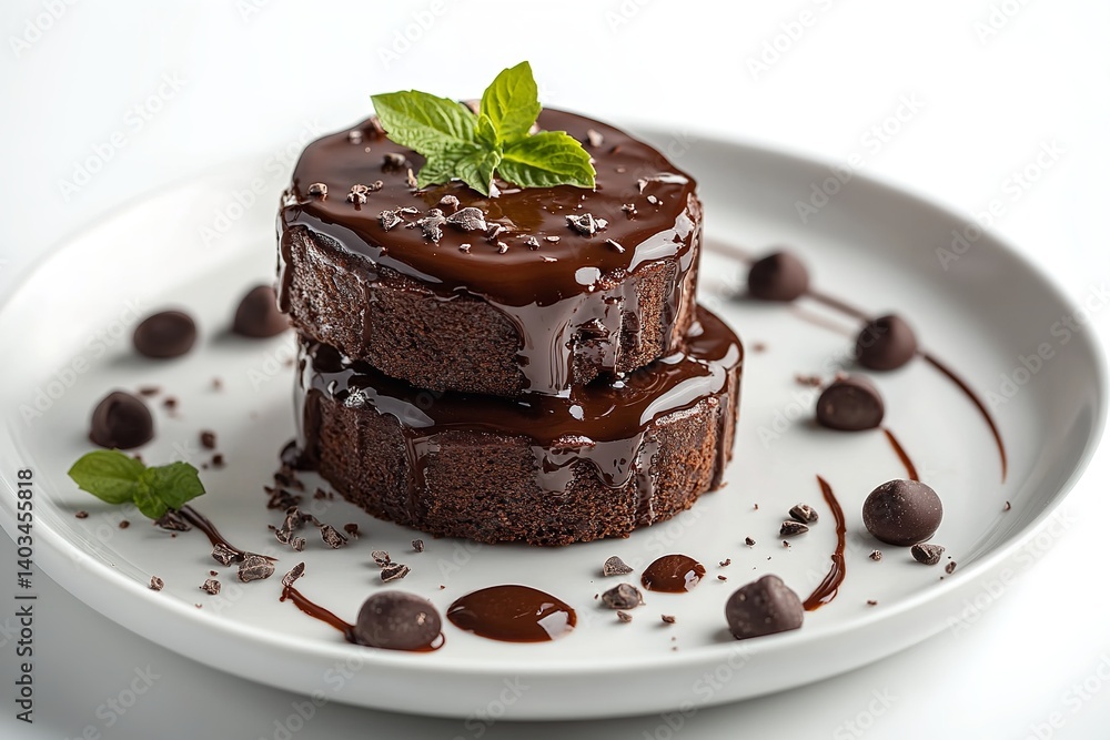 A detailed view of a serving platter of chocolate lava cake topped gravy over a white setting delish food lovely hue and space, Generative AI. A detailed view of a serving platter of chocolate lava cake topped gravy over a white setting delish food lovely hue and space, Generative AI.