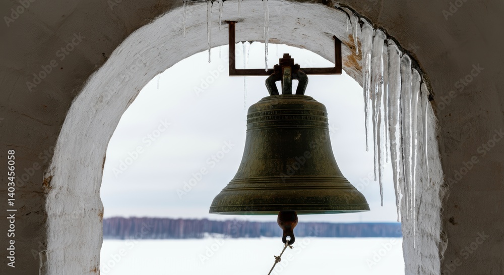 Antique bronze bell hanging in snowy stone archway with icicles Antique bronze bell hanging in snowy stone archway with icicles