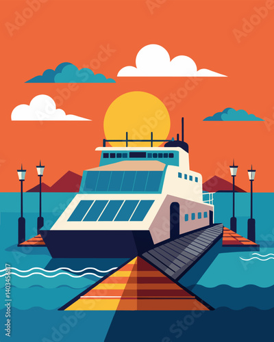 As the ferry approaches the port the solar panels fold down soaking up the last rays of sunlight before docking and transferring passengers.. Vector illustration