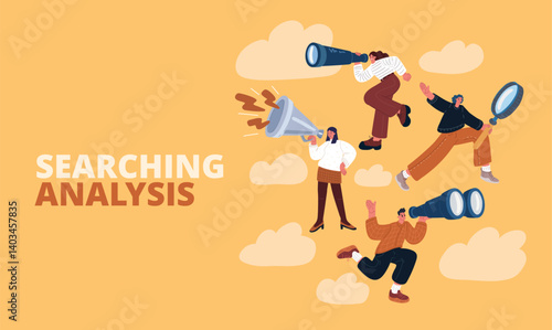 Cartoon vector illustration of inquisitive people with spyglasses, magnifying glasses, and binoculars, representing the endless quest for discovery and learning.