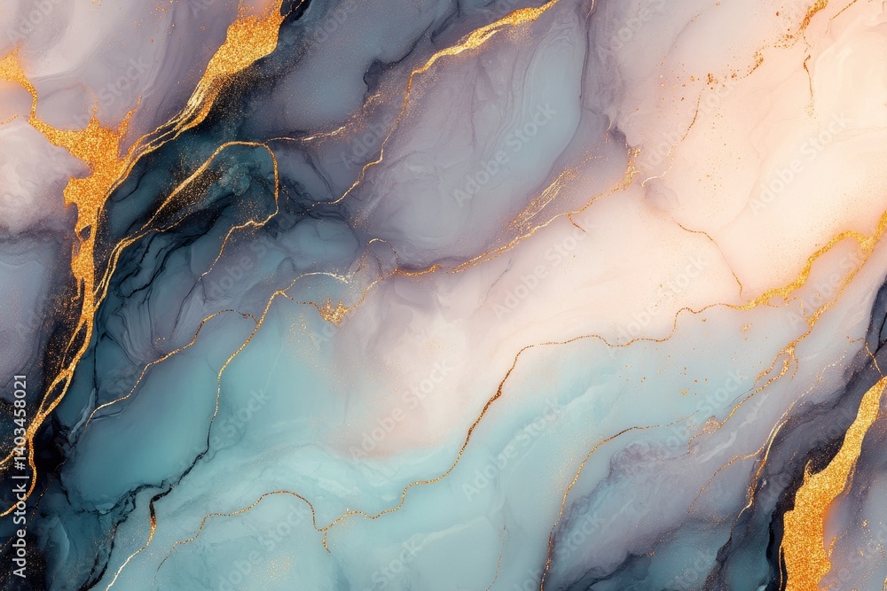 Fototapeta premium Abstract art shows flowing gold veins over colorful smooth patterns
