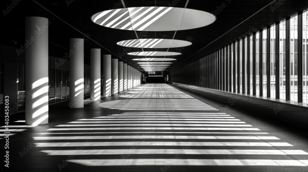 A long, empty hallway with a lot of light shining on it. The light is coming from the ceiling and creating a shadow on the floor