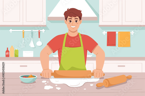 A flat vector illustration of a cartoon young guy rolling out dough with a rolling pin in a kitchen setting 