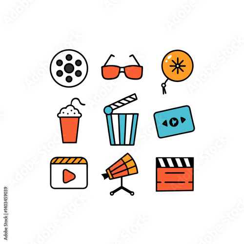 movie set of  vector doodle icon on transparent background