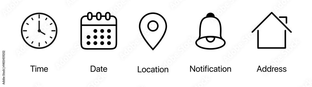 Date, time, and location UI icon set with clock, calendar, and address symbols in editable stroke outline style. Modern clean vector illustration. Date, time, and location UI icon set with clock, calendar, and address symbols in editable stroke outline style. Modern clean vector illustration.