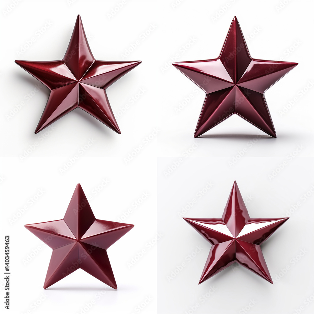 Obraz premium Four glossy maroon stars on a white background.