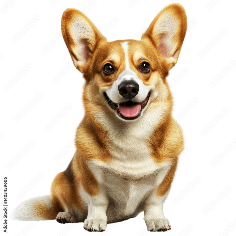 Happy dog with a big smile showing joy and contentment while sitting in a bright green field under the sun isolated on a white background. Happy dog with a big smile showing joy and contentment while sitting in a bright green field under the sun isolated on a white background.